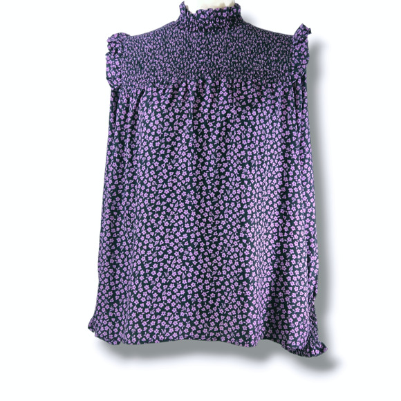 NWT Barbour Midhurst Mock Neck Smocked Ditsy Floral Blouse Sz. 8 Purple Black - Picture 2 of 12